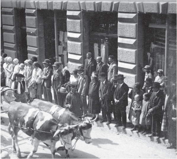 Historische Schwarz-Weiß-Fotografie des Festumzugs zur 700-Jahrfeier Horbs 1929. Vor dem Wäsche- und Kurzwarengeschäft der Familie Esslinger stehen zahlreiche Menschen, darunter Männer, Frauen und Kinder. Im Vordergrund ziehen zwei Ochsen einen Wagen durch die Straße.
